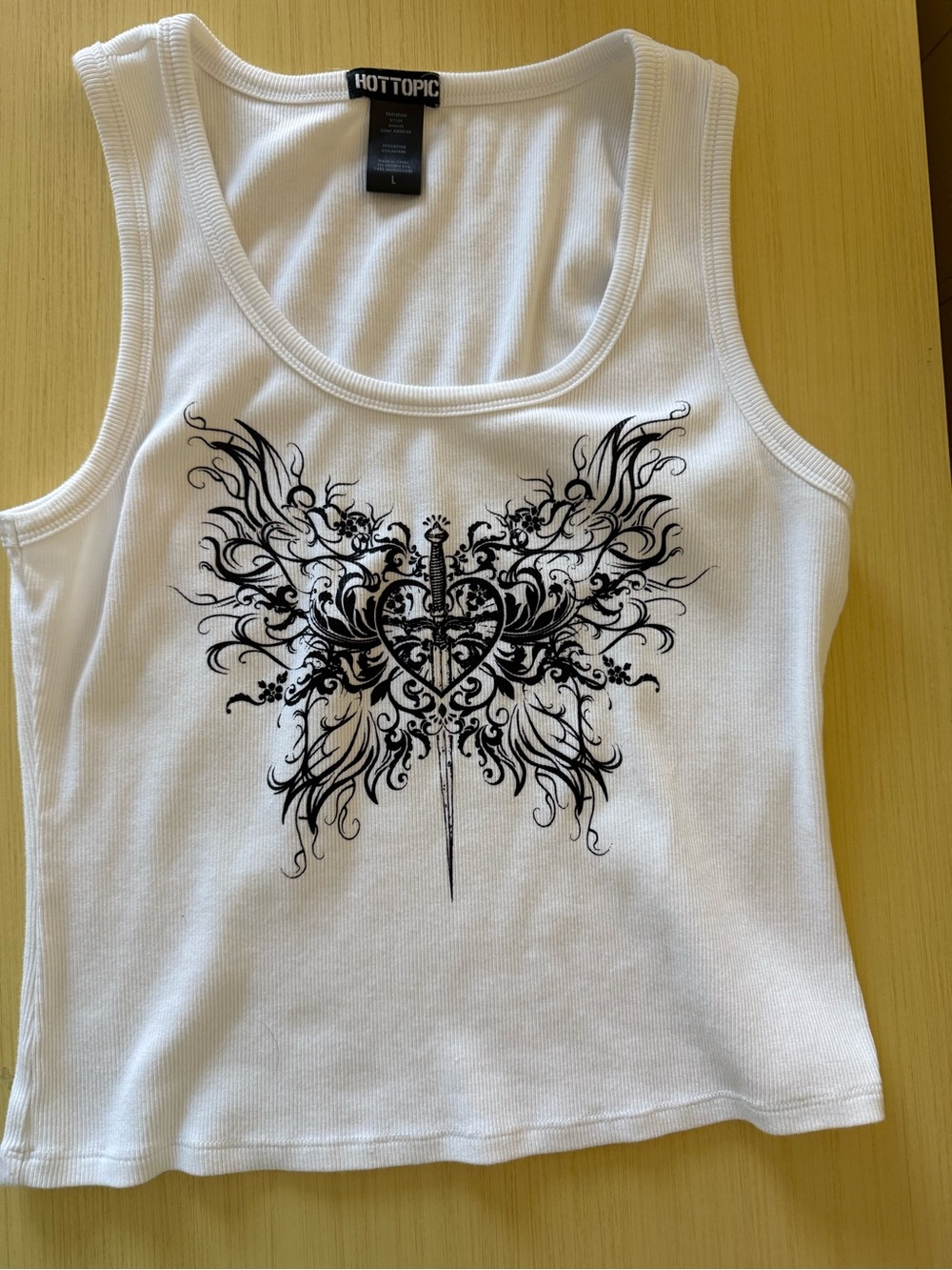 Hot Topic White Tank Top with Black Winged Heart Graphic